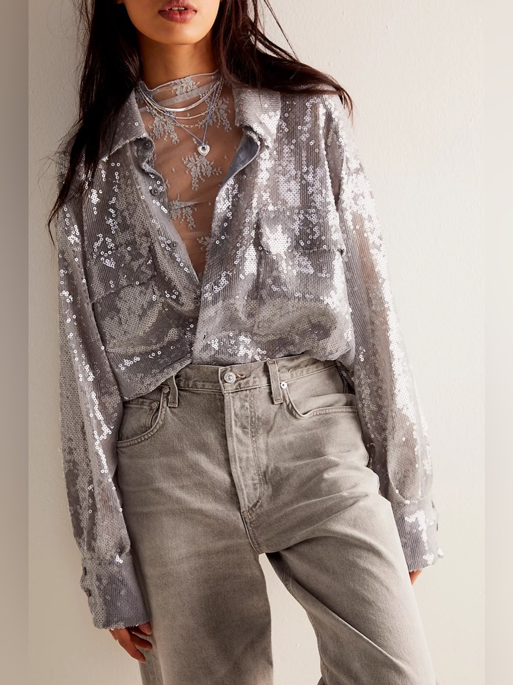 Free People Disco Margarita Sequined Button Down